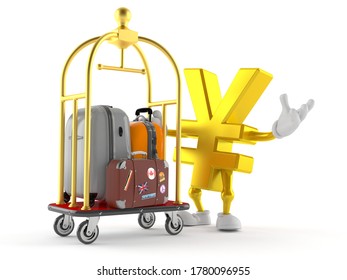 Yen Character With Hotel Luggage Cart Isolated On White Background. 3d Illustration