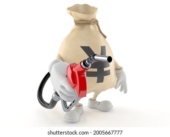 Yen Money Bag Character Holding Gasoline Nozzle Isolated On White Background. 3d Illustration