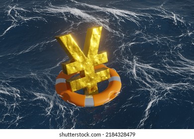 Yen Sign In A Lifebelt Floating In Ocean. 3D Illustration Of The Concept Of Price Drop Of Japanese Currency And Weak Japanese Economy