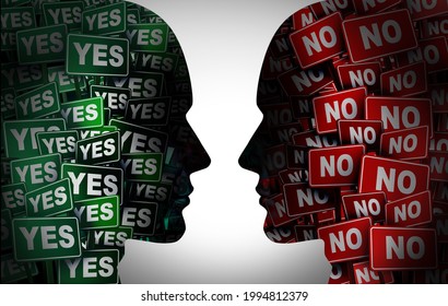 Yes Or No Concept Or Political Election Choice Disagreement Or Opposing Opinions And Idea Conflict As Two People That Disagree On How To Proceed On A Decision With 3D Illustration Elements.