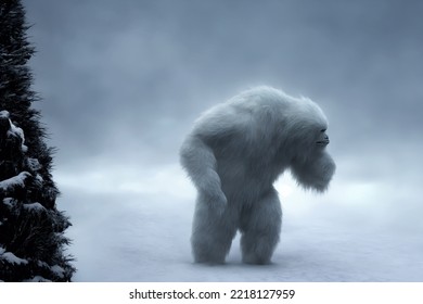 Yeti or Abominable Snowman - White Fur brother to Bigfoot Monster in a Blizzard - 3D Illustration