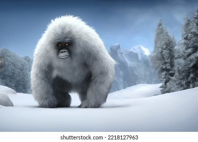 Yeti or Abominable Snowman - White Fur brother to Bigfoot Monster in a Blizzard - 3D Illustration