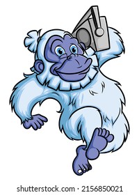 The yeti is holding and listening to a radio of illustration