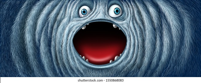 Yeti snow monster face as a fury bigfoot sasquatch or big foot abominable snowman winter creature with an open mouth as a funny character with copy space as a greeting with 3D illustration elements. - Powered by Shutterstock