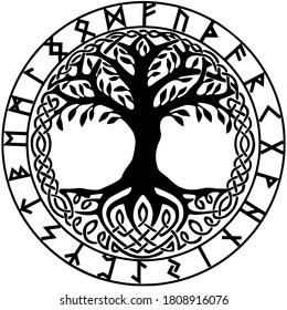 Yggdrasil in circle with futhark runes