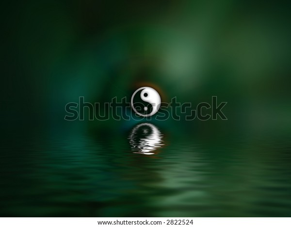Yin\
& Yang sign over water and abstract\
scenery.