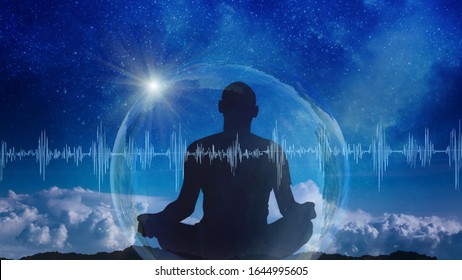 Yoga Cosmic Space Meditation Illustration, Silhouette Of Man Practicing Outdoors At Night 