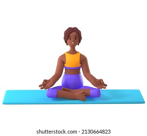 Yoga Dark-skinned Girl In Lotus Position On White Background, Cartoon Female 3d Character Doing Yoga