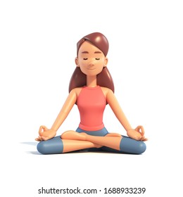 Yoga girl in lotus position on white background, cartoon female 3d charcter doing yoga, 3d illustration - Powered by Shutterstock