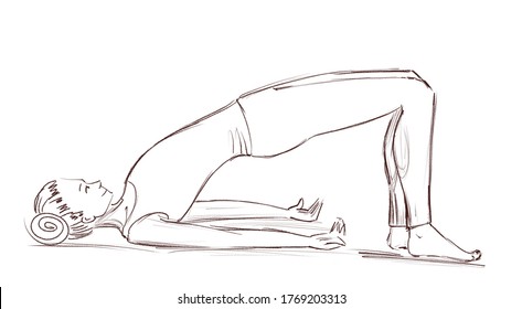 Yoga. The girl is lying in the position of the bridge floor. Contour drawing of a girl who goes in for sports. Illustration on a white background.