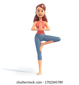 Yoga Girl In Tree Position On White Background, Cartoon Female 3d Character Doing Yoga, 3d Rendering