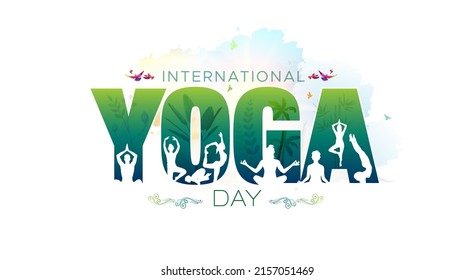 Yoga greeting card. International yoga day. Yoga Body Posture with Text. Group of people practicing yoga.
