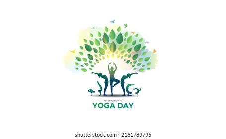 Yoga greeting card. International yoga day concept. Group of people practicing yoga. - Powered by Shutterstock