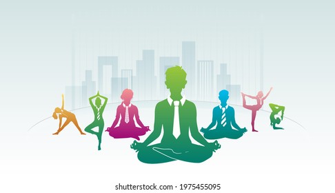 Yoga. Group Of Corporate Employee On Yoga Meditation. International Yoga Day, And Breathing Exercises To Recover From Covid 19 Corona Virus Pandemic