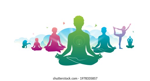 Yoga. International Yoga Day, Group Of People Corporate Employee Doing Yoga Meditation And Breathing Exercises To Fight Against Covid 19 Corona Virus Pandemic Lung Infection