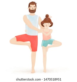 Yoga For Kids Illustration On A White Background. Father And Daughter In Double Tree Pose. Healthy Routine. Child Is Doing Sport Activity With Parent. 