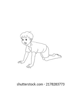 Yoga for kids: Set of coloring pictures and outlines in black and white of a cute boy who is barefoot and joyfully practicing and training his yoga positions with a smiling face.