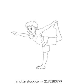 Yoga For Kids: Set Of Coloring Pictures And Outlines In Black And White Of A Cute Boy Who Is Barefoot And Joyfully Practicing And Training His Yoga Positions With A Smiling Face.