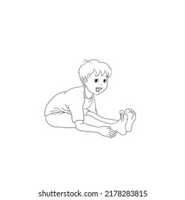 Yoga for kids: Set of coloring pictures and outlines in black and white of a cute boy who is barefoot and joyfully practicing and training his yoga positions with a smiling face.