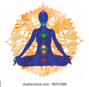 Yoga Lotus Pose. Padmasana With Colored Chakra Points.