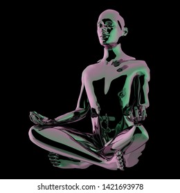 Yoga Man Lotus Pose Meditating Stylized Black Glossy Statue. Mind Body Soul Spirit Balance Icon Concept. Human Person Nirvana Calm Symbol. 3d Rendering, Isolated On Black