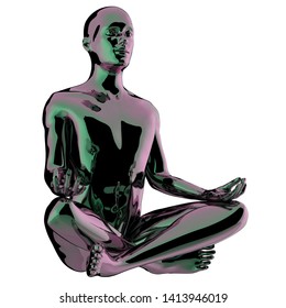 Yoga Man Meditating Lotus Pose Stylized Glossy Statue. Mind Body Soul Spirit Balance Icon Concept. Human Character Peaceful Nirvana Symbol. 3d Illustration Isolated