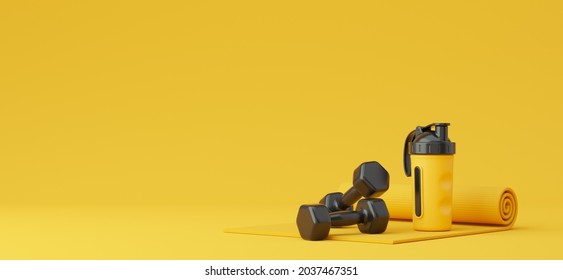 Yoga Mat, Dumbbells And Sport Bottle On Yellow Background. 3d Rendered Illustration.