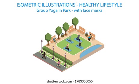 Yoga In Park Isometric. Post Covid With Protective Mask.