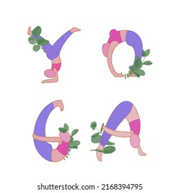 yoga pose letter. yoga writing in human pose. yoga asana . yoga.
