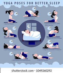 Yoga Poses For Better Sleep. Fitness Exercises With Cartoon Girl In Blue And White Suit In Flat Syle