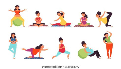 Yoga for pregnant. Pregnancy woman relaxing, pilates or gym exercise. Prenatal sport support, healthy female waiting baby decent set