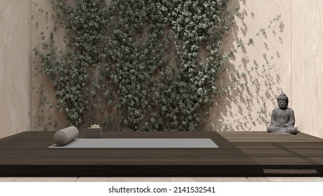 Yoga Studio Interior Design In Dark Tones, Japanese Zen Style, Exterior Garden, Concrete Walls With Ivy, Wooden Floor, Mats, Pillows And Accessories, Ready For Yoga Practice, 3d Illustration