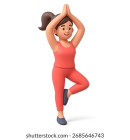 Yoga tree pose character 3D cartoon female wellness fitness balance isolated transparent background stock illustration claymorphism