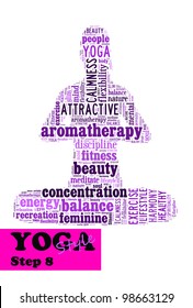Yoga,fitness & health info text/word cloud/word collage composed in the shape of a girl doing yoga meditation pose (Yoga style step 8)
