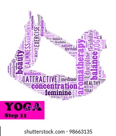 Yoga,fitness & health info text/word cloud/word collage composed in the shape of a girl doing yoga meditation pose (Yoga style step 11)