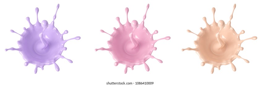 Yogurt splash. Isolated on white background. 3d illustration for dairy products. Set: magenta, pink and orange color.