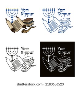 Yom Kippur - Great Religious Jewish Holiday. Torah Scroll, Menorah, Jewish Horn Shofar And Books. Concept For A Greeting Card.