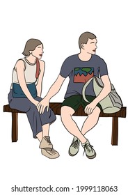 Yong couple sittings bench  Girl   boy and bags holding hands  Flat lay cartoon style illustration 