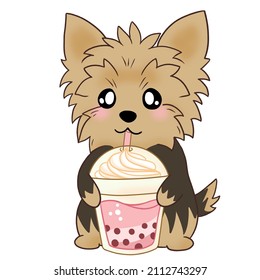 Yorkie Terrier cartoon style drinking a pink  boba.