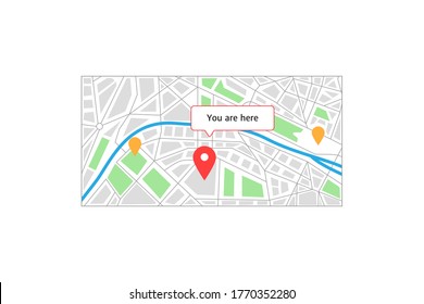 You Are Here City Map. Concept Of Type Of Urban Area, Place With Highway, Roundabout, Streets, River, Park. Sign For Region App Nav With Favorite Mark. Simple Flat Symbol Isolated On White Background