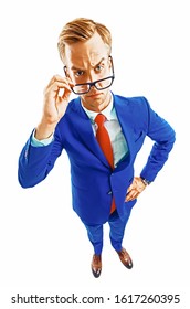 Are you seriously?! Portrait of funny skeptic young businessman in blue confident suit and red tie, looking through glasses, isolated against white background. Raster illustration. 