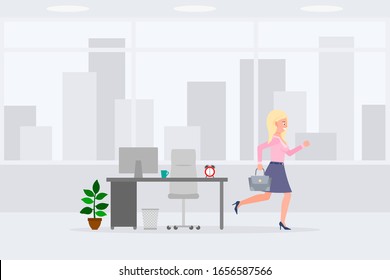 Young, Adult Woman Running Away From Office At The End Of Day Illustration. Fast Moving Forward, Going Home Female Cartoon Character On Cityscape Background