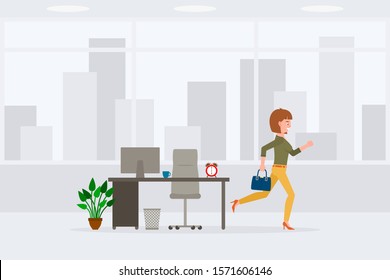 Young Adult Woman In Yellow Pants Running Away From Office At The End Of Day Illustration. Fast Moving Forward, Going Home Cartoon Character On Cityscape Background