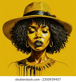 A young African American woman with black curly hair wearing a wide-brimmed yellow hat covering her face. Black strong girl on a yellow background, oil painting . - Powered by Shutterstock