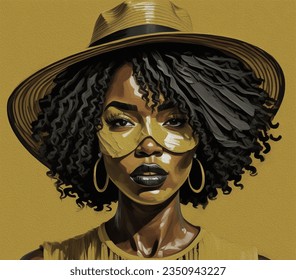 A young African American woman with black curly hair wearing a wide-brimmed light  yellow hat.front view face oil painting. - Powered by Shutterstock