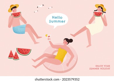 Young Asian people enjoying cocktail and watermelon in summer clothing. Hot summer party characters isolated on pink background. - Powered by Shutterstock