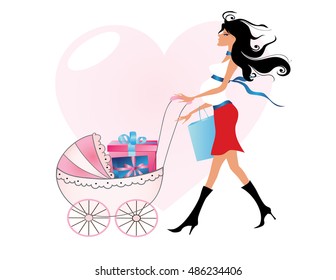 Young attractive pregnant woman with a pink baby carrier full of presents - Powered by Shutterstock