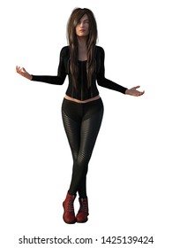 Young attractive woman with long hair in leather pants and red boots. 3d render