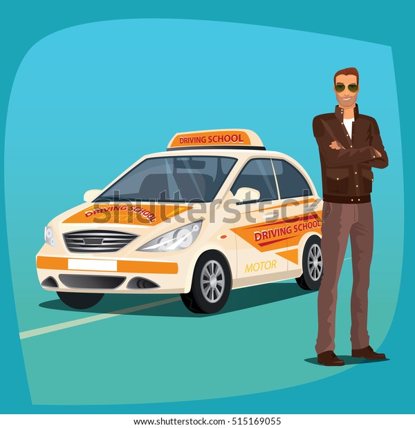 Young auto driving instructor standing and\
smiling. Full body view. In background driving school vehicle with\
logos. Drivers education concept. Cartoon style. Raster version of\
illustration