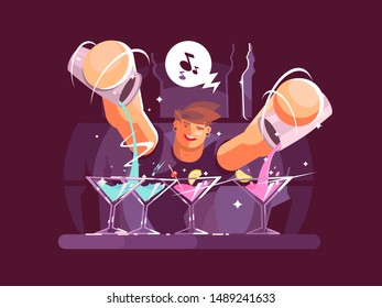 Young bartender pouring drinks. Night club worker at bar. illustration - Powered by Shutterstock